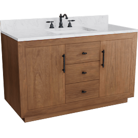 Perspective view of 48" Light Brown Single Sink 2 Door & 3 Drawer Bath Vanity Cabinet, Engineered Marble Top & Black Hardware