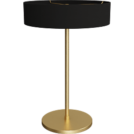 Perspective view of Cohen lamp, 28h, Satin brass/ black shade