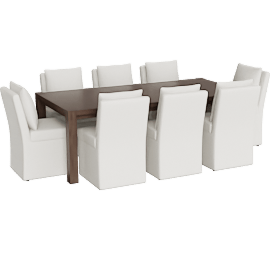 Perspective view of Sawyer Brown Walnut Wood 68-88'' Extendable Rectangular Parsons Dining Table With Mara II Modern Cream Upholstered Armless Chair With Wheels Set For 8