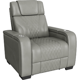 Perspective view of Greeley Grey Leather 37 Power Reclining Chair With Power Headrest Storage Arms With Cup Holders Air Massage And Heat Led Lighting And Charging Ports