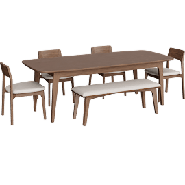 Perspective view of Casey Walnut Wood Self Storing Butterfly Leaf Extendable 72-90 Rectangular Dining Table With 4 Upholstered Side Chairs And Upholstered Bench