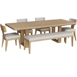 Perspective view of Mika Natural Oak 80-98 Ext Dining Table With Bench + Wood Chair Set For 6
