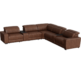 Perspective view of Eastvale Brown Leather 139 Power 7 Piece Modular Reclining Sectional with Power Headrests