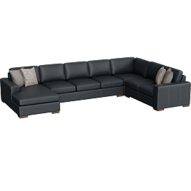 Perspective view of Big Sur Blue Leather 169 4 Piece U-Shaped Modular Sectional with Armless Sofa & Left Arm Facing Chaise