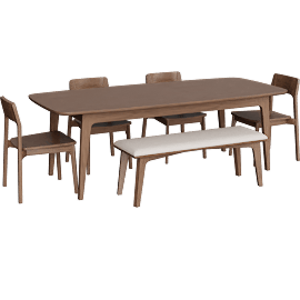 Perspective view of Casey Walnut Wood Self Storing Butterfly Leaf Extendable 72-90 Rectangular Dining Table With 4 Wood Side Chairs And Upholstered Bench