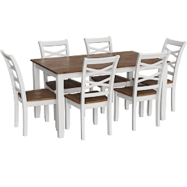 Perspective view of Atly Brown & White Wood Rectangular Dining Table And Chairs Set For 6