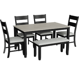 Perspective view of Priya Black With Grey Wood Rectangular Two Tone 60 Dining With Bench + Side Chair Set For 6