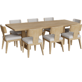 Perspective view of Mika Natural Oak Wood 80-98" Extendable Rectangular Dining With Wood + Upholstered Side Chair Set For 8