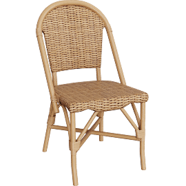 Perspective view of Neola Modern Bohemian Natural Rattan Dining Chair, Woven, Armless, Stackable