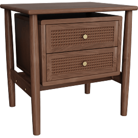 Perspective view of Walnut Brown Wood 2-Drawer Nightstand Woven With Rattan