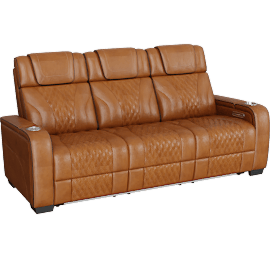 Perspective view of Greeley Brown Leather 84.5 Power Double Reclining Sofa With Center Drop-Down Cup Holders Power Headrests Storage Arms With Cup Holders Reading Lights Wireless Charger Air Massage And Heat Led Lighting And Charging Ports