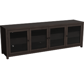Perspective view of Sawyer Black 92 Modern Wood TV Stand With LED Lights, Glass Doors, Shelves, Drawers, Storage, Entertainment Center