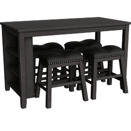 Perspective view of Fideo Rectangular Wood 60 Counter With Counter Height Stool Set For 4, Shelves, Storage, Grey