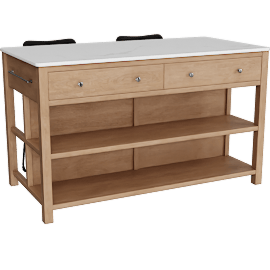 Perspective view of Kenna Natural Solid Pine + White Stone Faux Marble Kitchen Island And 2 Cobbler Black Counter Height Stools