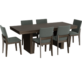 Perspective view of Kode Dark Walnut/Forest Green Wood Rectangular Dining Table Set For 6