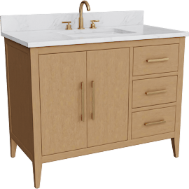 Perspective view of Oasis 42 Natural Oak Single Sink 2 Door 3 Drawer Bath Vanity Cabinet With Marble Top & Gold Hardware