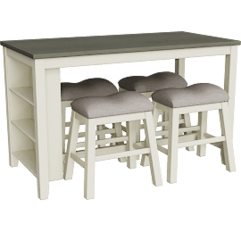 Perspective view of Fideo Rectangular Wood 60 Counter With Counter Height Stool Set For 4, Shelves, Storage, White