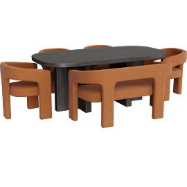 Perspective view of Mapleville Ebony Dining Table With 4 Orange Dining Chairs And Orange Bench