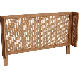 Perspective view of Devynn Queen Ash Brown Walnut Finish Natural Wood And Synthetic Rattan Wrap Around Headboard, Woven