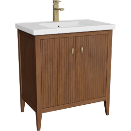 Perspective view of 30 Walnut Brown Single Sink 2 Door Bath Vanity Cabinet With Ceramic Top & Gold Hardware