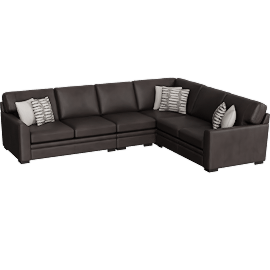 Perspective view of Greer Brown / Grey Leather 4 Piece 133 Modular L-Shaped Sectional With Right Arm Facing & Left Arm Facing Loveseat Armless Chair and Corner