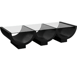 Perspective view of Camille Modern Curve Black 60 Glass Top Coffee Table, Shelves, Rectangle, Storage