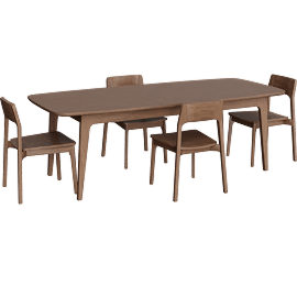 Perspective view of Casey Walnut Wood Self Storing Butterfly Leaf Extendable 72-90 Rectangular Dining Table With 4 Wood Side Chairs
