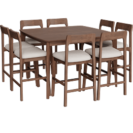 Perspective view of Casey Walnut Wood Extendable Counter Height Table With 8 Upholstered Counter Height Stools