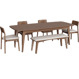 Perspective view of Casey Walnut Wood Self Storing Butterfly Leaf Extendable 72-90 Rectangular Dining Table With 2 Upholstered Chairs And 2 Wood Chairs And Upholstered Bench