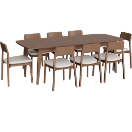 Perspective view of Casey Walnut Wood Self Storing Butterfly Leaf Extendable 72-90 Rectangular Dining Table With 8 Upholstered Side Chairs