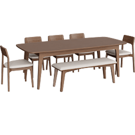 Perspective view of Casey Walnut Wood Self Storing Butterfly Leaf Extendable 72-90 Rectangular Dining Table With 5 Upholstered Chairs And Upholstered Bench