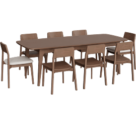 Perspective view of Casey Walnut Wood Self Storing Butterfly Leaf Extendable 72-90 Rectangular Dining Table With 2 Upholstered Chairs And 6 Wood Chairs