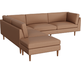 Perspective view of Ewan Caramel Leather 3 Piece Sectional With Left Arm Facing Bumper Chaise