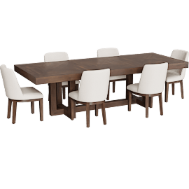 Perspective view of Palazzo Brown Natural Rectangular Solid Pine Wood 106 Dining Table With Side Chair Set For 6, Parsons, Trestle