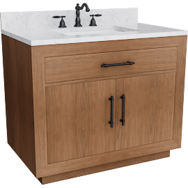 Perspective view of 36 Brown Single Sink 2 Door & 1 Drawer Bath Vanity Cabinet With Engineered Marble Top & Black Hardware