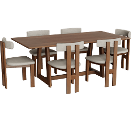 Perspective view of Lyra Brown Wood Rectangular 78 Dining With Cream Curved Back Upholstered Chairs Set For 6