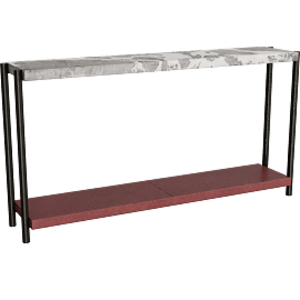 Perspective view of Verum 65" Oxblood Leather and Grey Marble Console Table